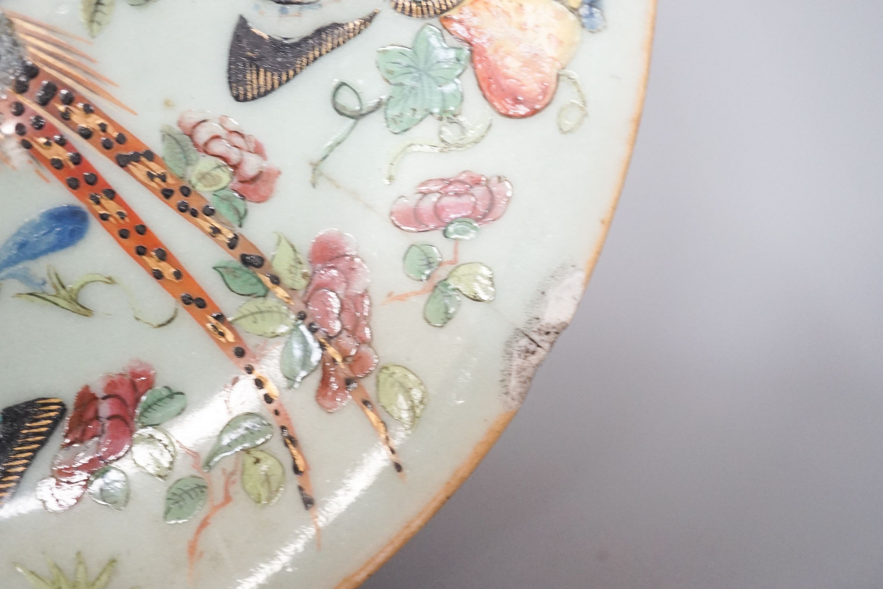 Two 18th century Chinese export porcelain bowls, a 19th century canton decorated dish, 19.5cm and a later ewer (4)